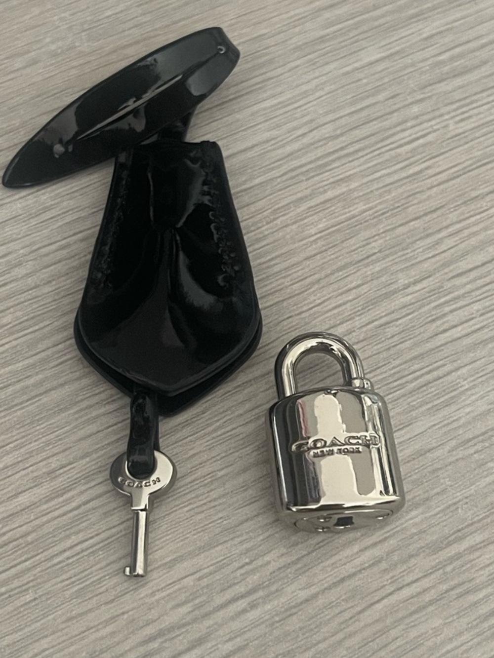 Coach Black Patent Leather Key Fob with Silver-Tone Padlock